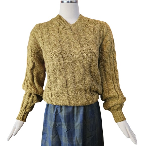 Jantzen Sweaters - Vintage 1970s Sweater Pullover Cable Knit Mustard Yellow Wool Jantzen V-neckline